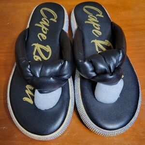 Cape Robbin Black Braided Toe-Post Sandals with Iridescent Trim